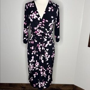 London Style Collection Black and Pink Floral Midi Dress With Flattering waist